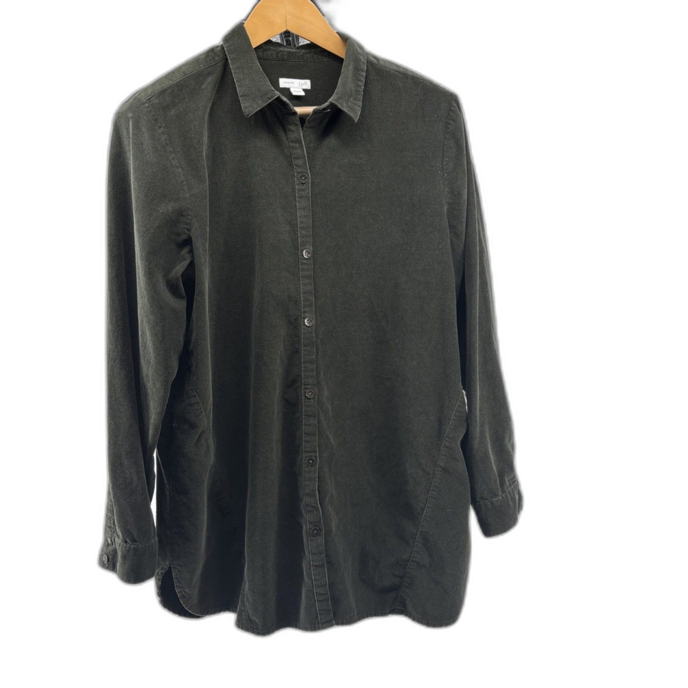 J Jill Shirt Womens L Green Corduroy Button Up Long Sleeve Boho Cotton